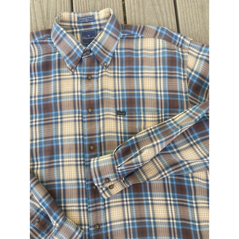 Faconnable XL Men’s Plaid Button Down Shirt Blue Brown Beige Long Sleeve Casual